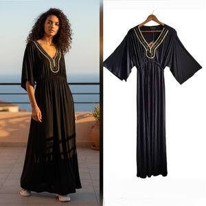 NWT IMAN Black Kaftan Sleeve Beaded Neckline Maxi Dress Size Med Tall